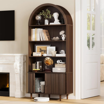 71" Arched Bookshelf, 5-Tier Arch Bookcase with Storage, Modern Farmhouse Book Shelf with Adjustable Shelves ＆Sliding Tambour Doors