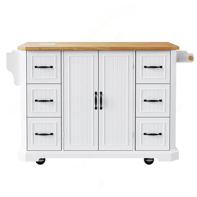 56 Inch Kitchen Island With Rubber Wood Veneer Drop Leaf, Power Outlet, 4 Door Shelves, Embossed Vertical Stripe Rolling Kitchen Cart On 4 Wheels With 6 Deep Drawers For Kitchen, Dining Room