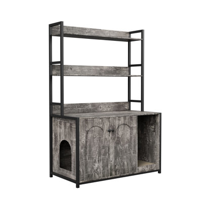 Large Grey Indoor Cat Cabinet With Shelf Storage, Double Doors, And Scratch Pad, A Sensible Hidden Litter Box Enclosure Structure