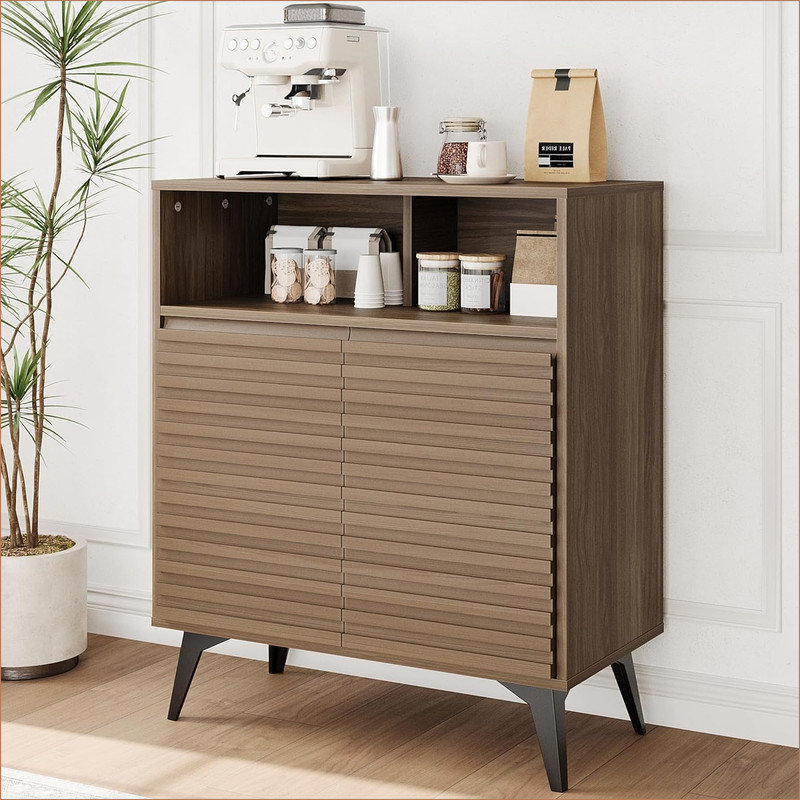 Fluted Storage Cabinet, Sideboard Buffet Cabinet Mid-Century Modern Two-Tier Display Stand with Storage & Adjustable Shelves for Living Room, Kitchen, Entryway