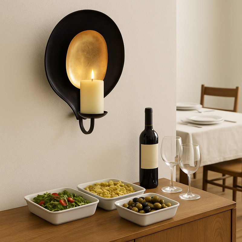 Decorative Round Wall Candle Holder for Home Decor Accent - Modern Pillar or Votive Candle Stand Wall Sconces for Entryway or Hallway - Black & Gold