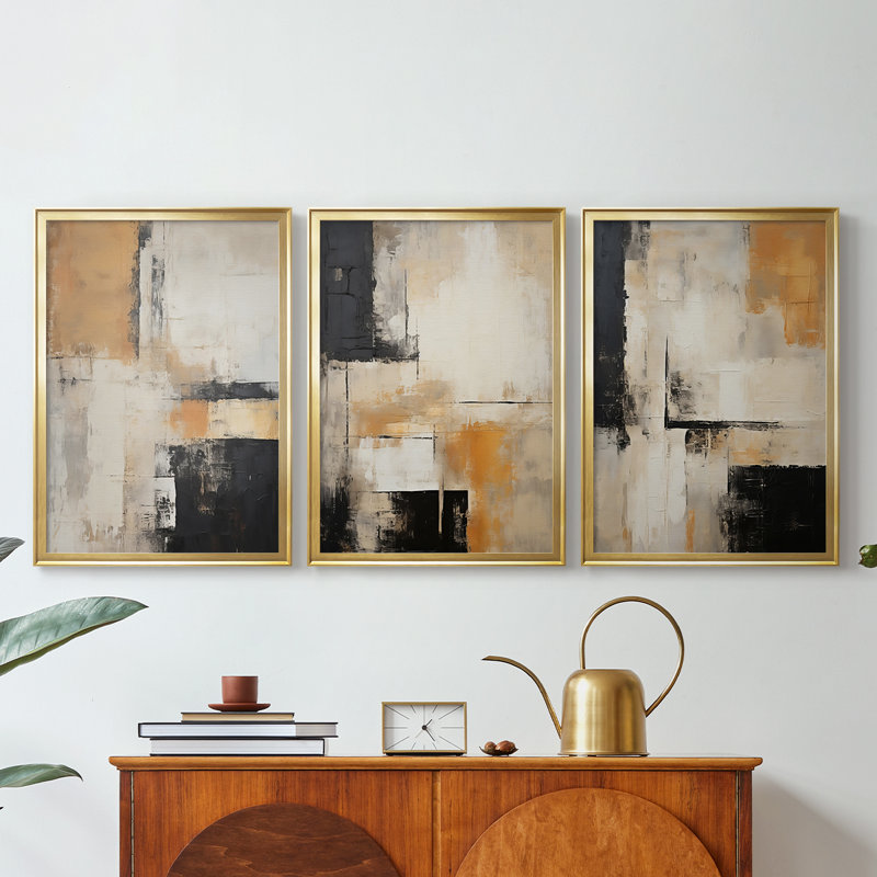 ABSTRACT Series CECLXX - Toile tendue avec châssis sur mesure - 3 pièces, H 15 po x l 19 po, Doré