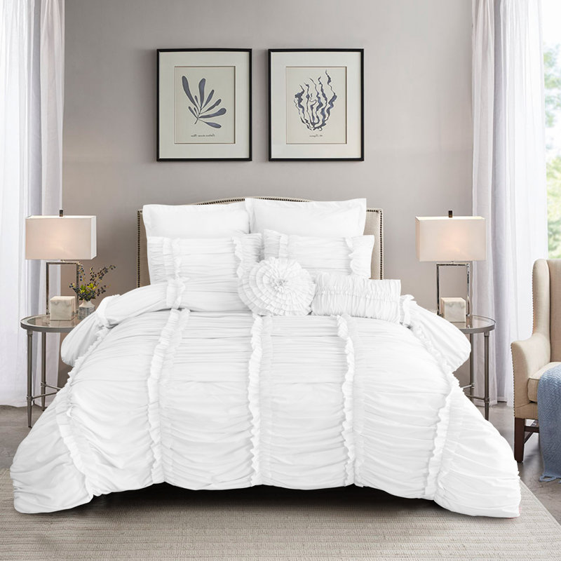 7 Piece Brushed Microfiber Plain Weave Comforter Bedding Set With Accent Pillows, King Comforter + 6 Additional Pieces, White