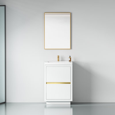 Meuble-lavabo autoportant de 24 po avec lavabo, blanc brillant. Espace de rangement pratique et pratique. Comptoir en résine de pierre. Meuble-lavabo de salle de bain en bois facile à installer. Rangement spacieux. Qualité
