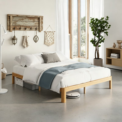 12 Inch Solid Wood Queen Bed Frame, Platform Bed Frame With Underbed Space For Storage, No Box Spring Needed, Easy Assembly, Light Yellow
