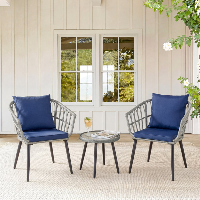 3 Piece Patio Wicker Bistro Outdoor Conversation Set, Blue, 3 Pieces