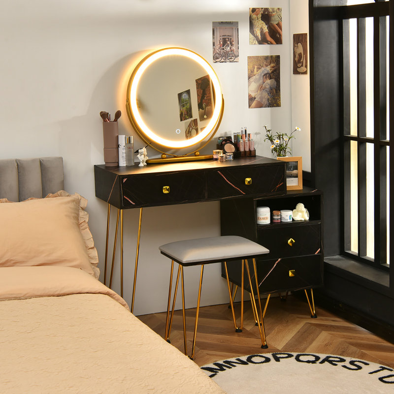 Vanity Table Stool Set with Mirror, Black/Gold