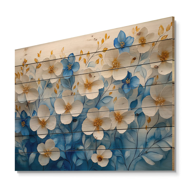 Whie On Velvet Blue Poppies Field II - Poppies Wood Wall Decor - On Natural Pine Wood, 10" H x 20" W x 0.78" D