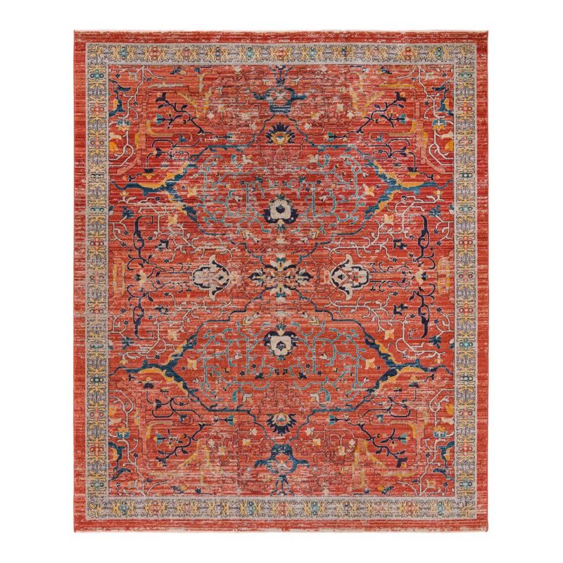 Tapis rouge brique à motif floral Alkire, Rectangle 10 pi x 13 pi 1 po
