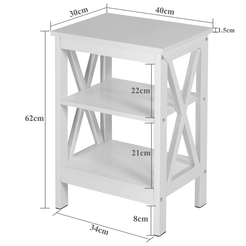 NS Manufactured Wood Bedside Table, Nightstand Sofa Side Table with 3-Tier Storage Shelf for Living Room, Bedroom, Stable Steel Frame, Easy Assembly