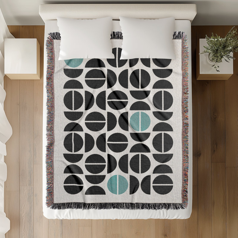 Barro Abstract Cotton Blend Blanket Throw, Teal/Black/Off-White, 60" L x 60" W