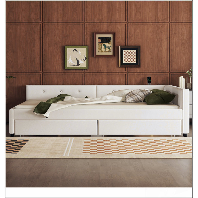 Grand lit plateforme tapissier avec USB et 2 tiroirs, beige
