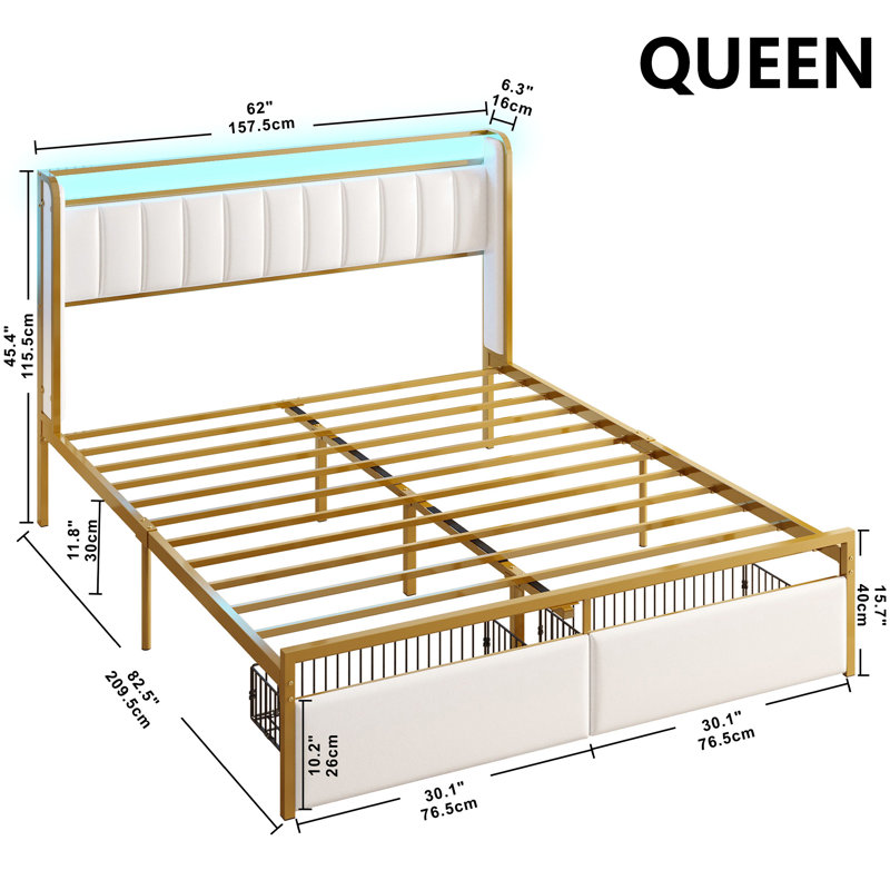 Omartin 45.4'' Bed Frame Twin Size with Armrests Headboard & RGB Light, Upholstered Twin Size Bed Platform with Drawers