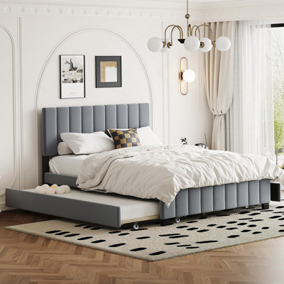 Grand lit plateforme tapissier en velours avec 2 tiroirs et 1 lit gigogne simple TG - gris