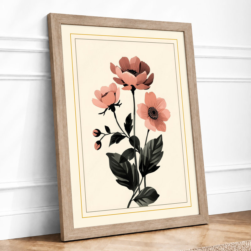 Pink Blooms On Stem Botanical - Print, A1 - 84.1 x 59.4 cm, Oak