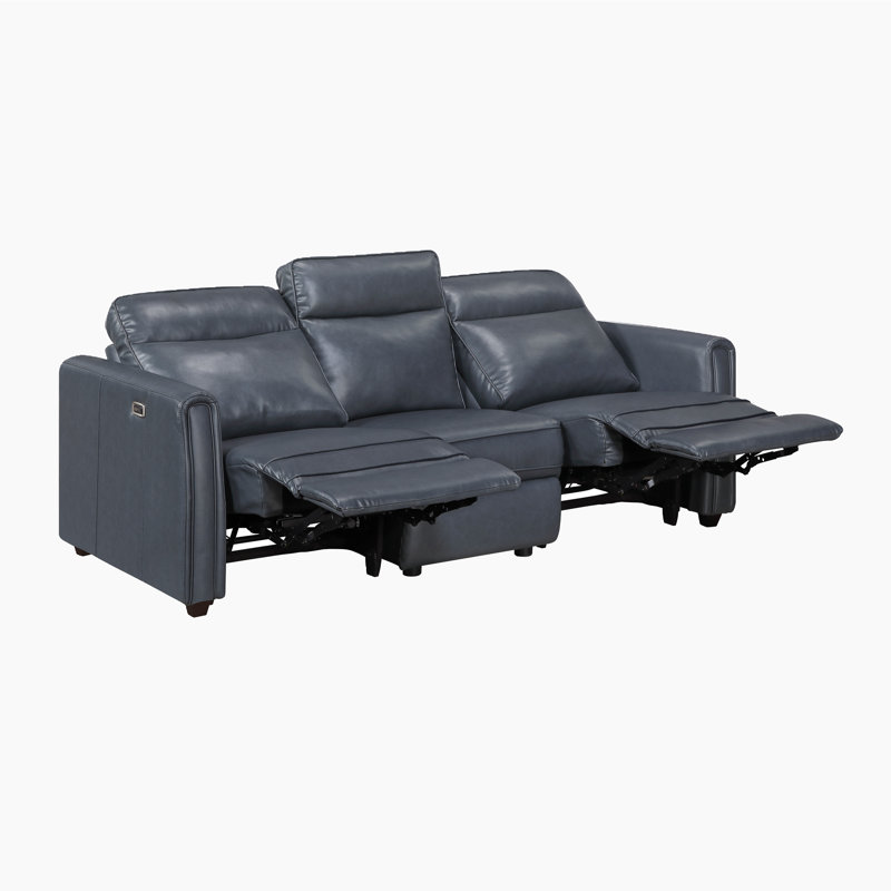 Canapé inclinable électrique double en similicuir de 84 po Tavian, Accoudoirs en similicuir arrondis bleu marine