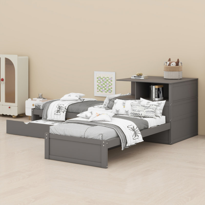 Structure de lit multifonctionnelle en L avec bureau, tablettes de rangement, lit gigogne et éclairage DEL, Gris