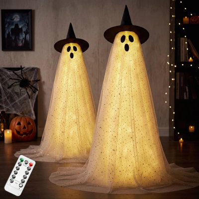 2Pcs 47" Halloween Standing White Ghost with Warm Light and Witch Hat