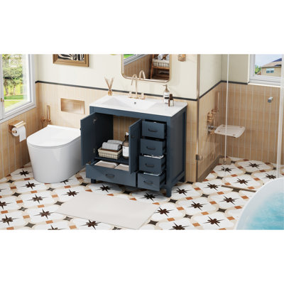36" Blue Bathroom Vanity with Ceramic Sink Combo – Spacious Storage with 2 Soft-Close Doors & 5 Drawers