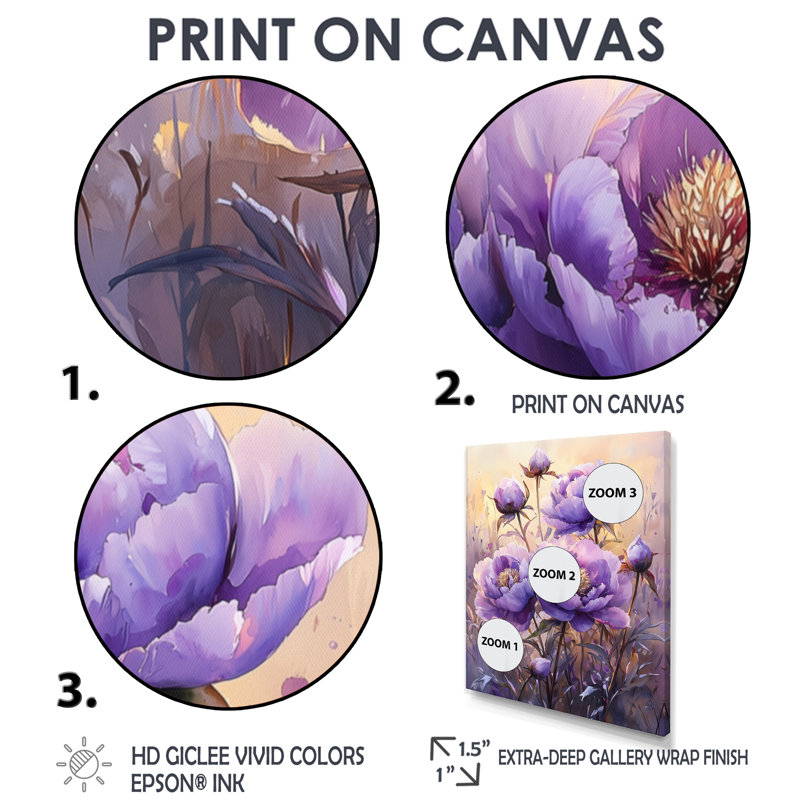 Été, crépuscule lavande pivoines - pivoines, art mural, H 60 po x l 28 po, Brun, Reproduction avec cadre flottant