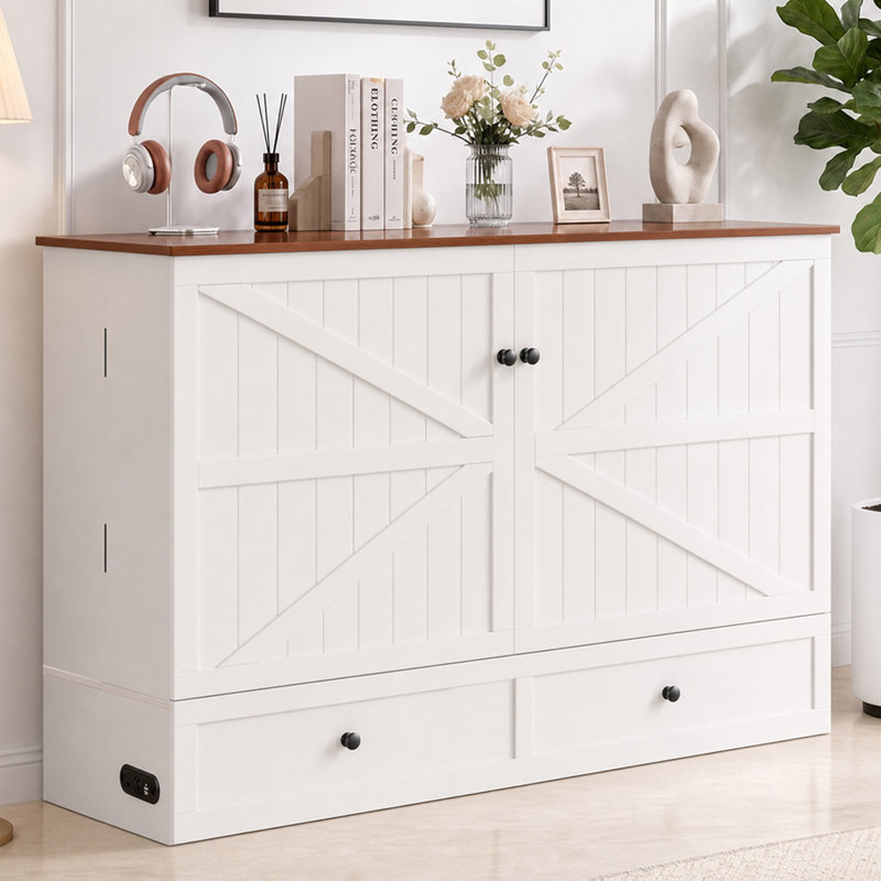 Murphy Bed Queen MDF Farmhouse Cabinet,White and Brown, Queen