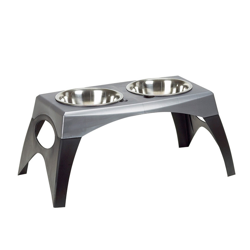 Medium Black and Gray Elevated Dog Feeder with Stainless Steel Bowls