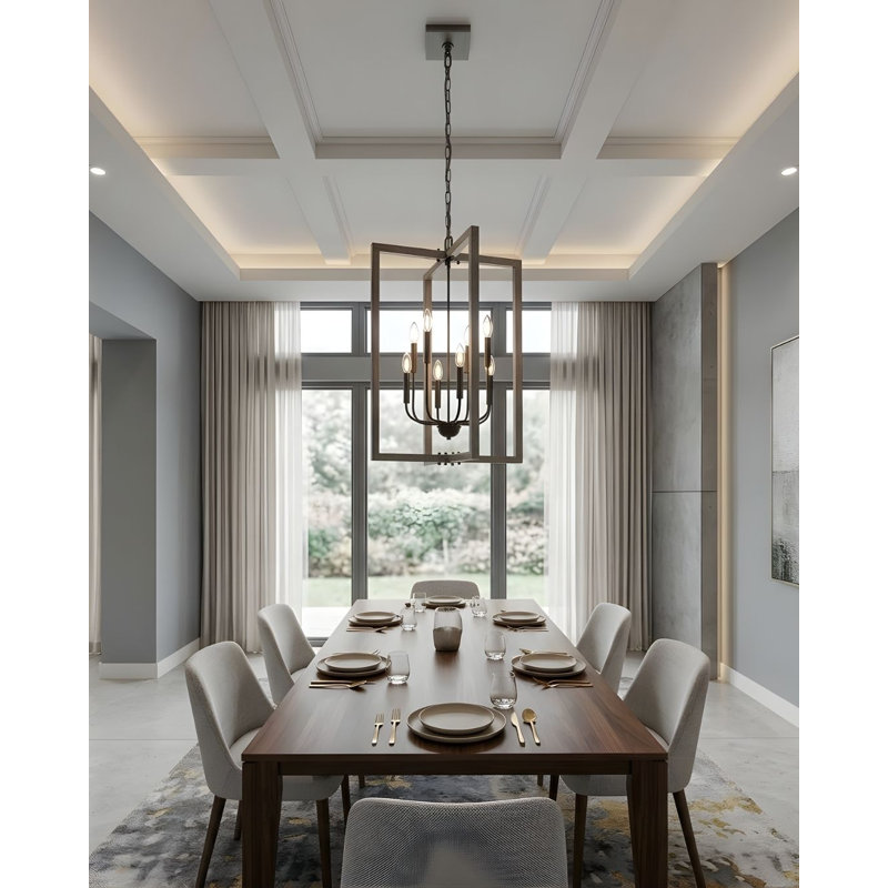 Luminaire suspendu rectangulaire unique à 8 lumières avec détails en bois Declo
