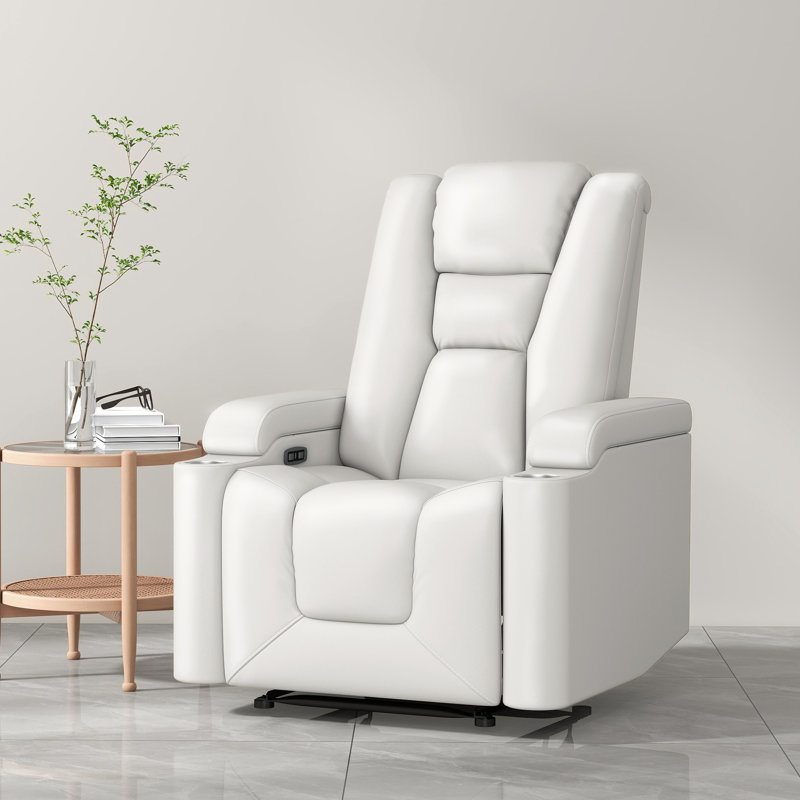 Faux Leather Power Home Theater Recliner, White Vegan Leather