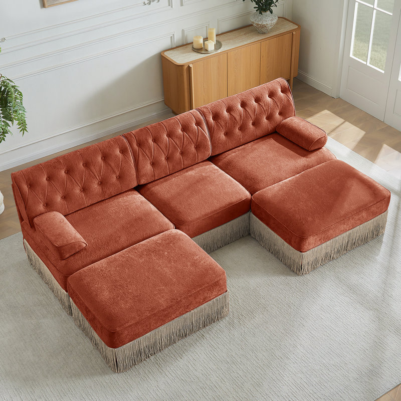 Canapé Chesterfield en U en velours, H 34,2 po x l 106,1 po x P 60,3 po, Brun rouge