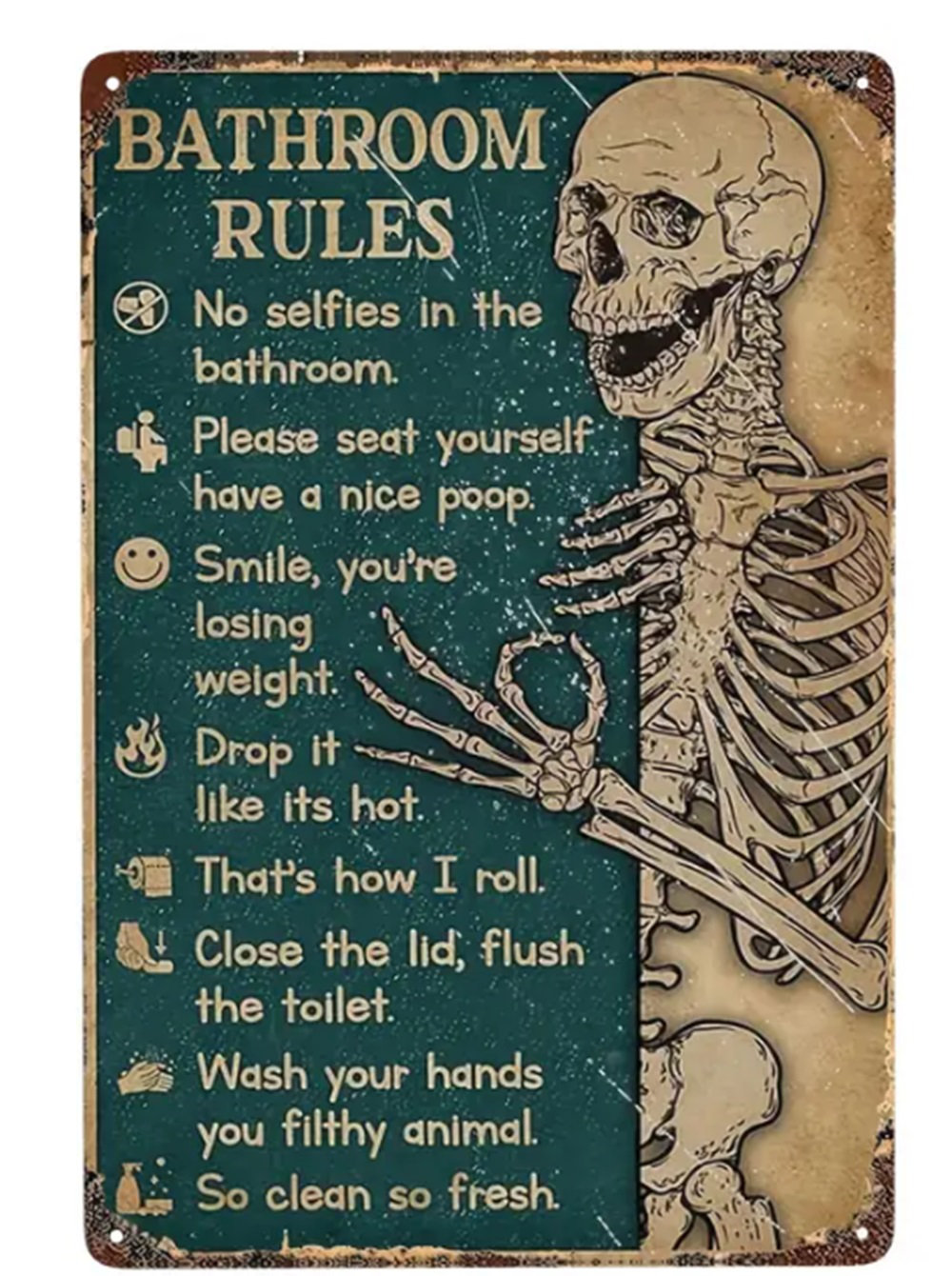 Finishing Touches Bathroom Humor Personality Tin Sign Skeleton lists  Bathroom Rules | Wayfair, image size:1000x1340