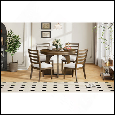 Round Dining Table For 4 With Chairs Set, Extendable Dining Table Set With 16" Removable Middle Leaf, 5 Piece Retro Dining Table Set Unique Geometric