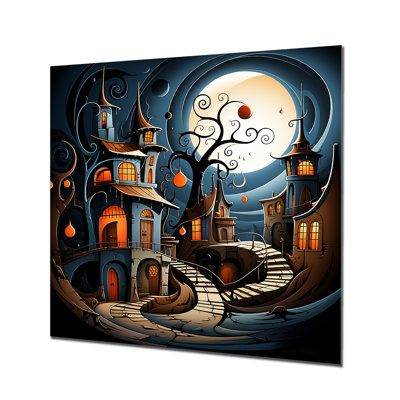 «Playful Fantasy Town Magical Full Moon - Landscape Wall Art Living Room»