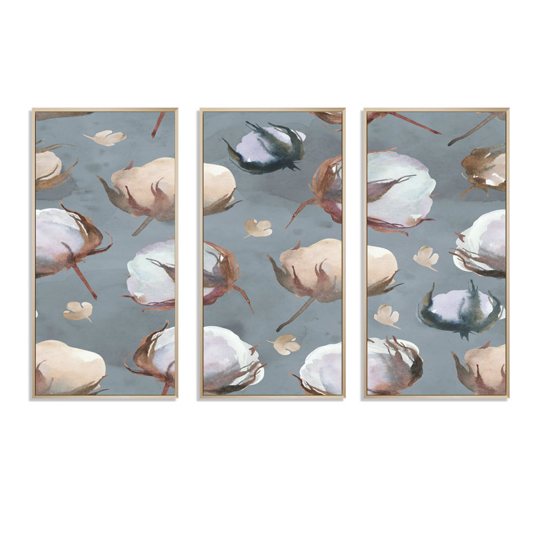 Cotton Buds On Grey - ensemble de 3 reproductions d'art encadrées sur toile, H 28 po x l 36 po x P 1 po, Brun