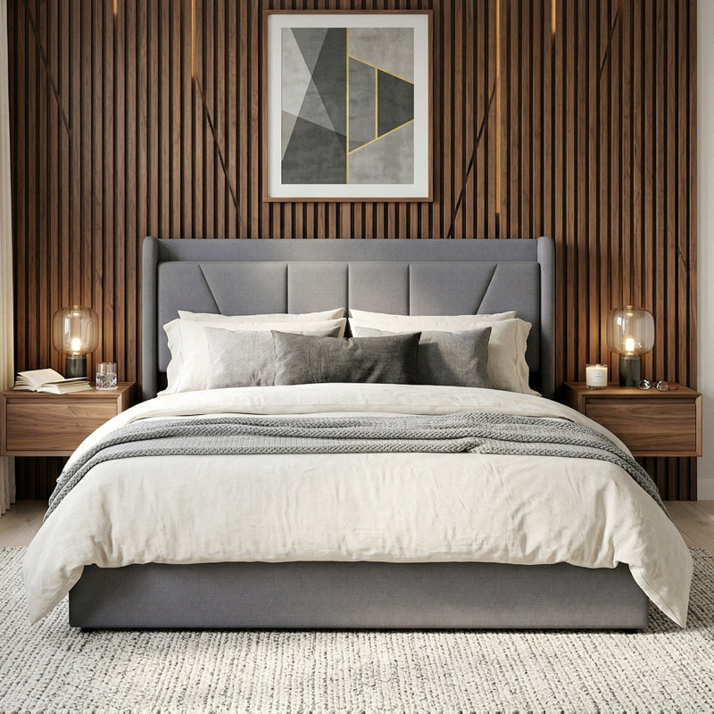 Linen Ottoman Bed with Built-in Cahrging Station, Modern Gas-Lift Storage Bed, Beige/Grey,  EU Double/King 140/160x200cm