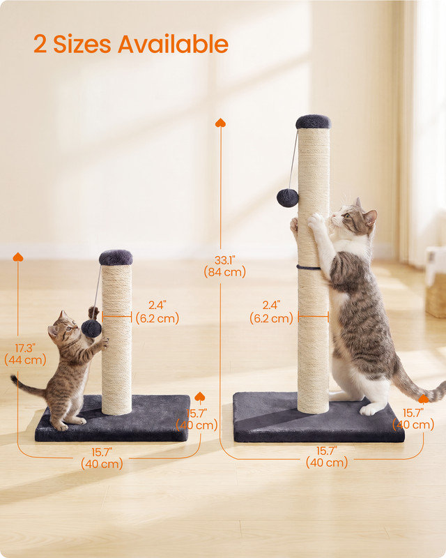 Cat Scratching Post for Adult Cats, Natural Sisal with Heavy Base and Dangling Toy, 40 x 40 x 84 cm, Dark Grey, Dark Grey