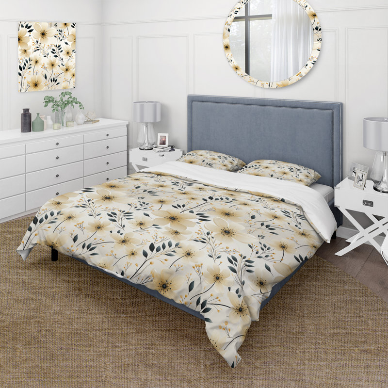 Minimalism Black And Beige Flowers Pattern Floral Duvet Cover, King Duvet Cover + 2 King Shams