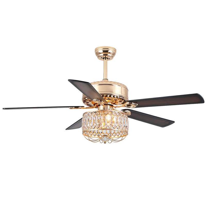52" Indoor Crystal Ceiling Fan Fandelier With Lights And Remote Control, Gold