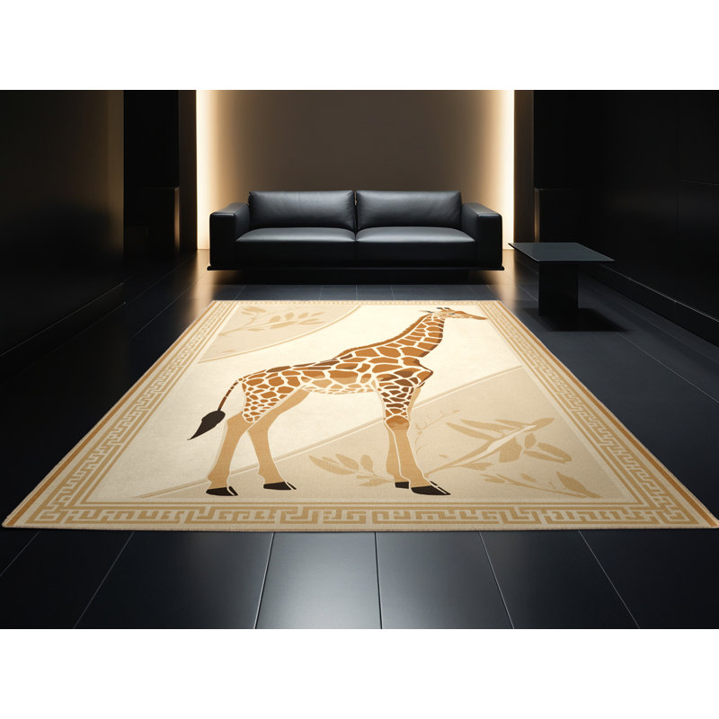 Machine Washable Pavli Giraffe Traditional Block Print Rug in Beige – Beige Binding, 4x6