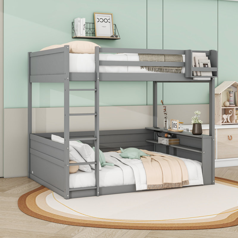 Queen Over Queen Wooden Bunk Bed With Built-In Shelves And LED Light, Gray