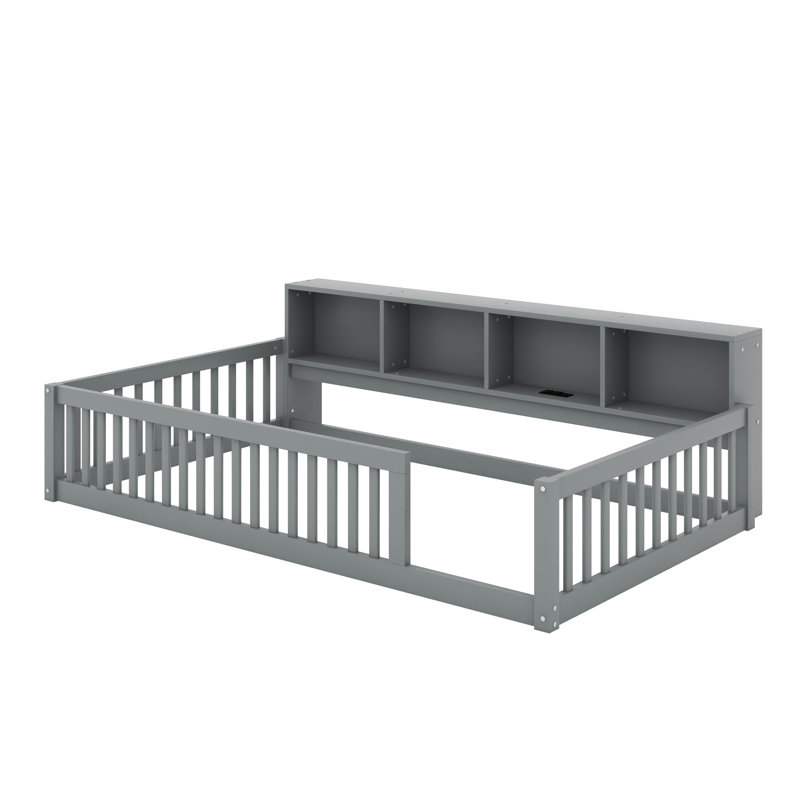 Lit en bois simple TG avec armoires et port USB, Gris