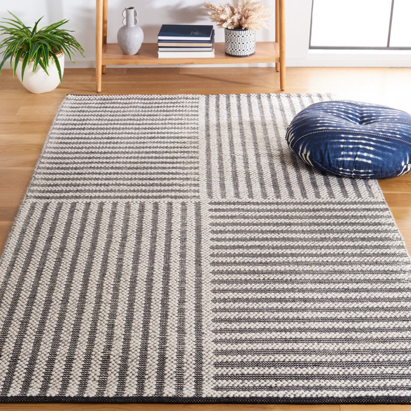 Egremont Hand Woven Wool/Cotton Striped Rug in Ivory/Black, Rectangle 5' x 8'