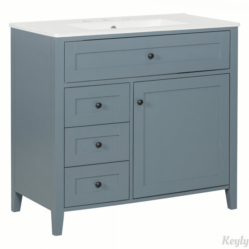 Meuble-lavabo moderne de 36 pouces avec lavabo, panneau de fibres à densité moyenne et armoire en bois d'hévéa, 3 tiroirs, tablette réglable pour le rangement et l'organisation