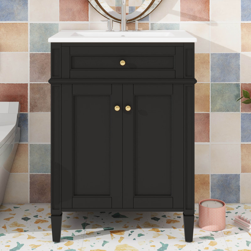 Meuble-lavabo moderne de 24 po avec lavabo et armoire de rangement moderne avec 2 portes à fermeture en douceur, Noir, Doré