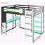 Lit mezzanine en bois pleine grandeur avec bureau, tablettes, prises de courant, ports USB / Type-C et lumière RVB, noir et vert