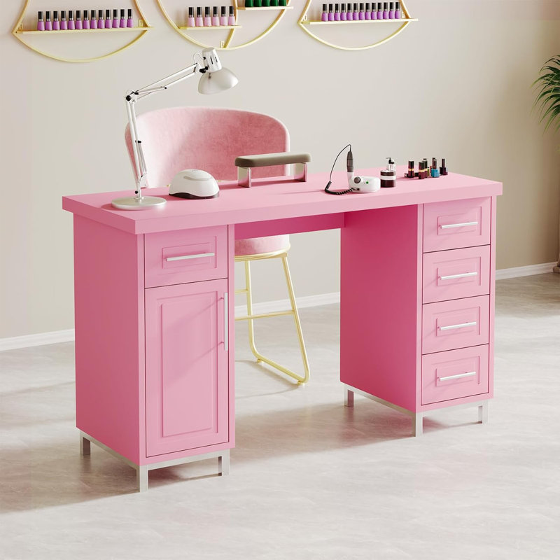 Bureau Nail Tech avec tiroirs, table de manucure de 43 pouces avec rangement pour Nail Tech, table de maquillage pour les ongles avec 5 tiroirs et armoire, bureau spa en bois