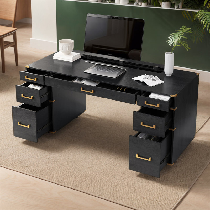 Antonny 70" Executive Desk with 7 Drawers & Built-in USB Ports and Outlets, Home Office Desk, Black