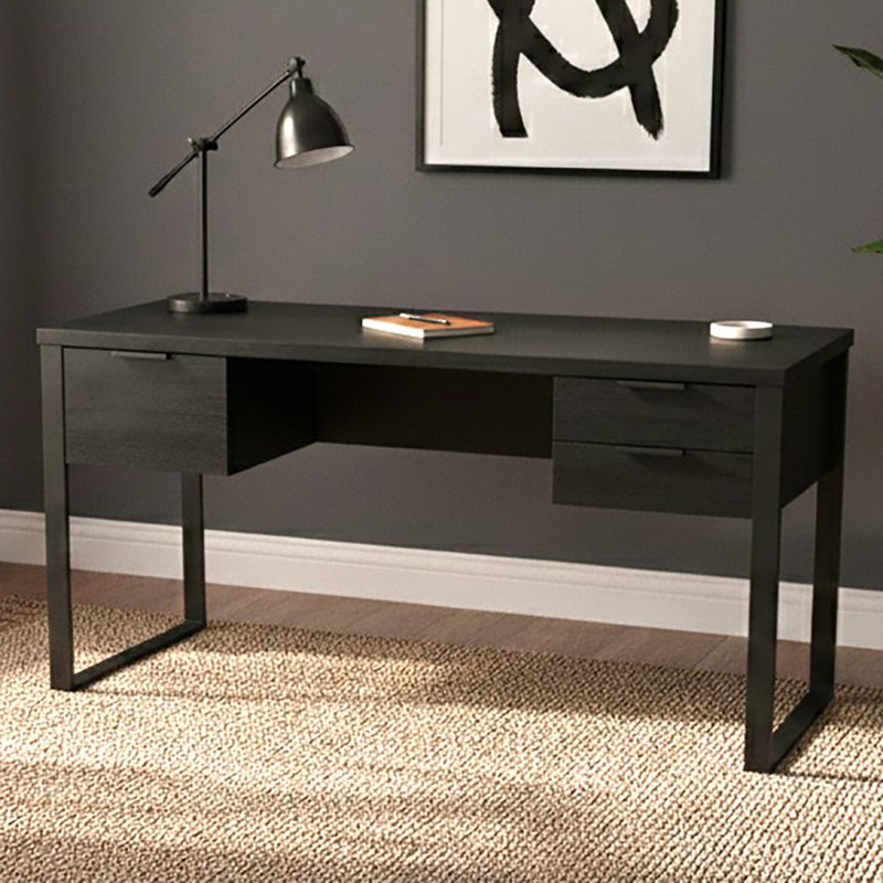 Bureau d'écriture avec rangement en métal Draylen, Chêne noir
