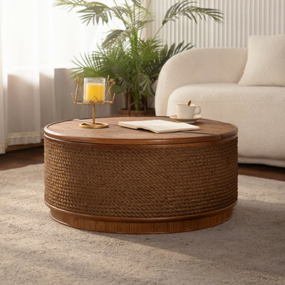 Round Rattan Coffee Table - Lift-Off Lid Storage, Hemp Rope Trim, Boho - Natural