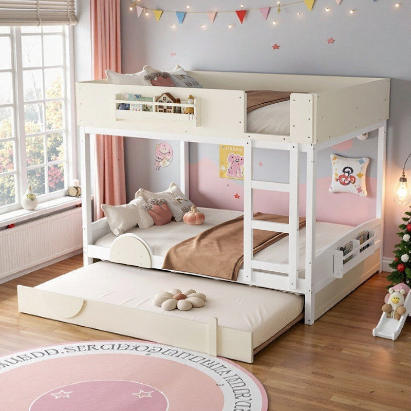 Unarosel (Queen Over Queen\Full over Full)Pine Wood Kids Bunk Bed With Trundle, Bookshelf, Queen Over Queen, Beige+White