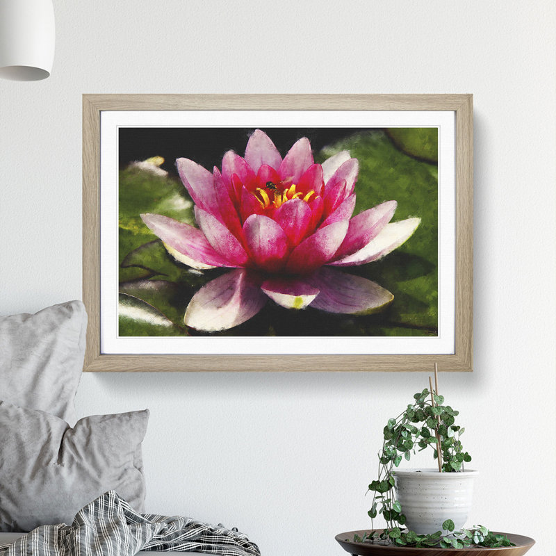 Pink Water Lily Flower Vol.3 - Picture Frame Graphic Art, 48cm H x 65cm W x 2cm D, Oak Framed